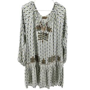 Skemo Dress Beaded Embroidery Allover Print Drop Waist Boho Hippie Scoop Large